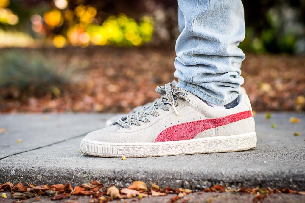 puma suede red on feet