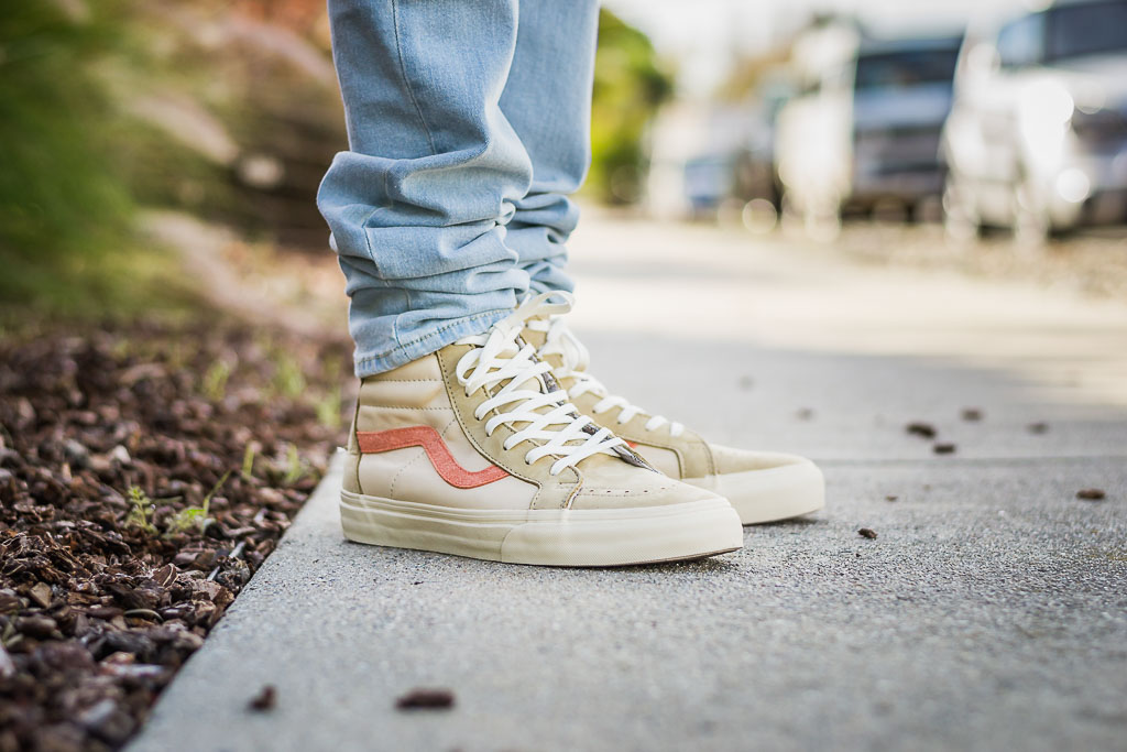 all white vans sk8 hi on feet