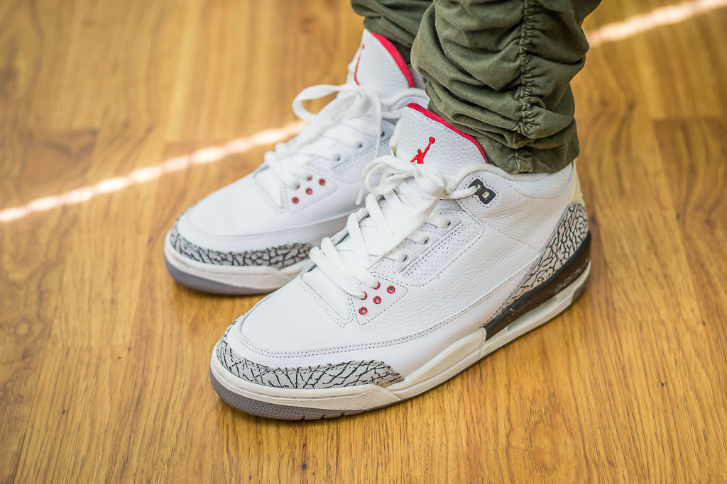 air jordan 3 white cement on feet