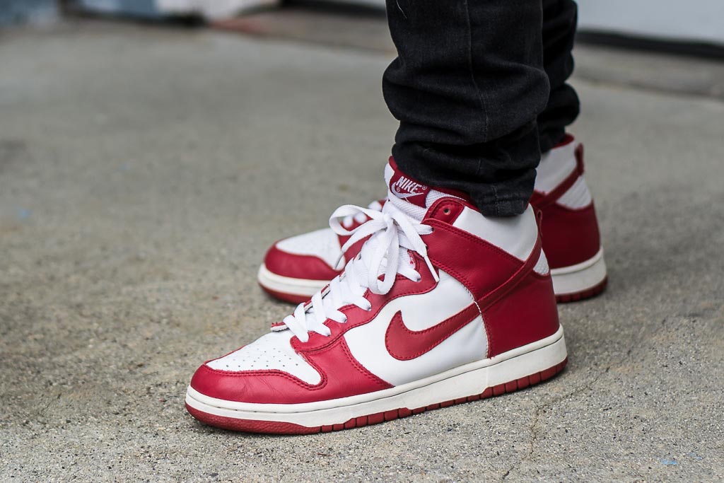 red and white nike dunks high