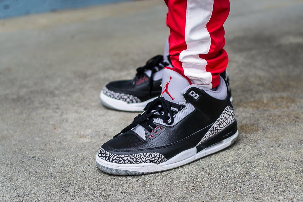 air jordan 3 red cement on feet