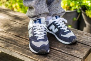 New Balance 574 Navy & Grey On Feet
