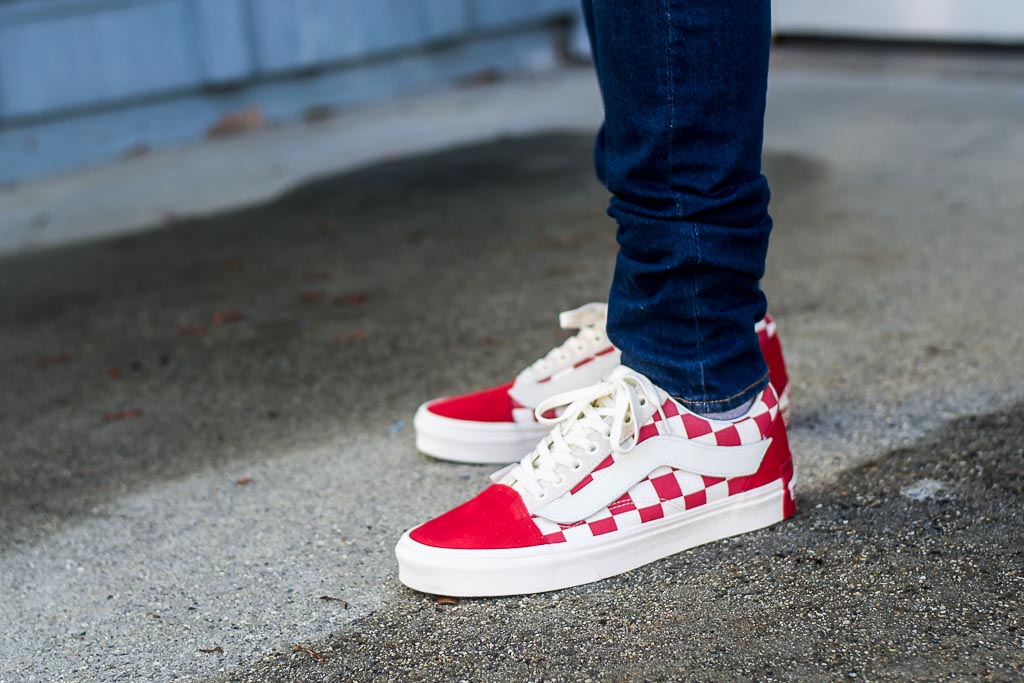 vans old skool checkerboard red on feet