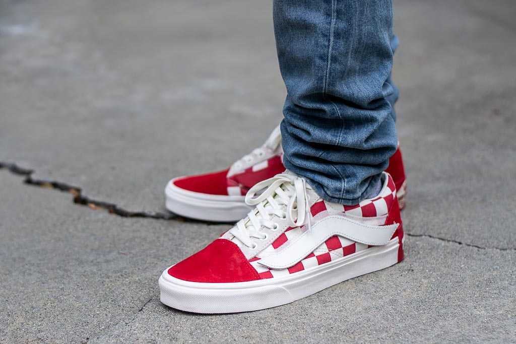 vans old skool red on feet