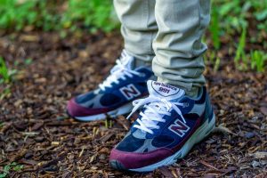 New Balance 991 Navy Burgundy RKB WDYWT On Feet