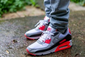 nike air max 90 all red on feet