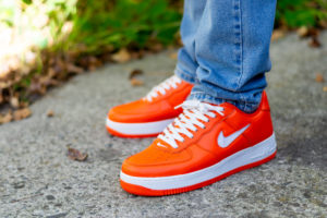 Nike Air Force 1 Color of the Month Safety Orange on feet