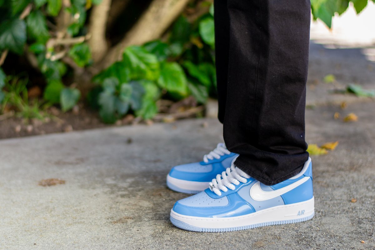 Nike Air Force 1 Patent Leather Psychic Blue On Feet WDYWT